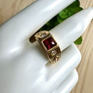 VTG Avon Accent Ring Size 10 Lab Red Ruby Clear Cubic Zirconia Yellow Gold Plate